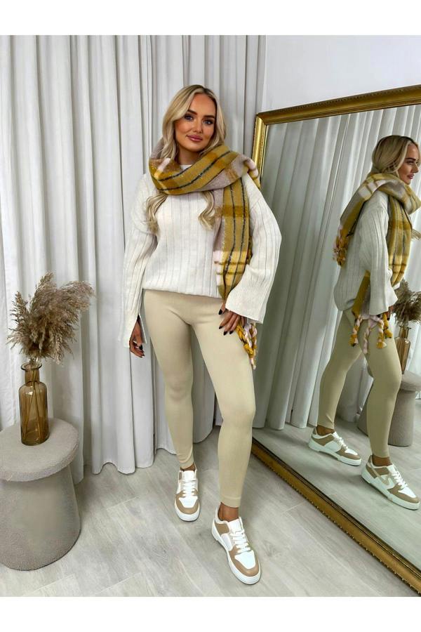 Gabriela High Waisted Rib Curvy Leggings - Biege