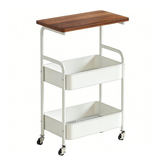 Havendro Three-Tier Mobile Storage Cart | Wooden Desktop with Sturdy Metal Frame - white - Steel Wood