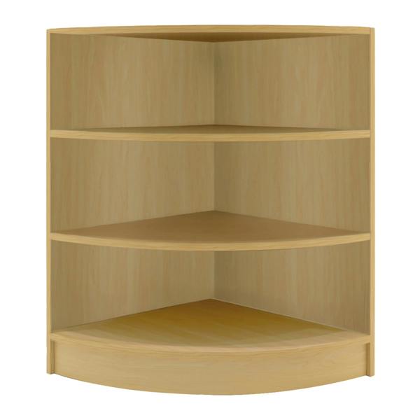 Maple corner display shelf with three spacious, smooth surfaces, ideal for showcasing products in retail environments