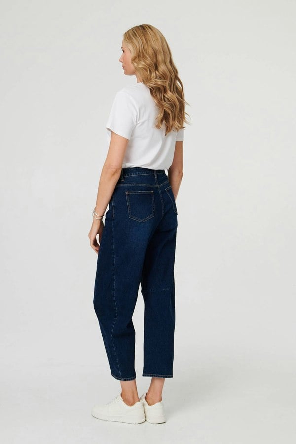Blue | High Waist Cropped Barrel Leg Jeans
