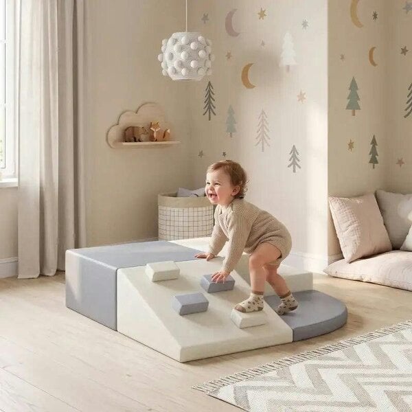 Soft Play Set, 4 PCS Climbing Blocks for Toddlers Indoor, PU Leather Baby Soft Play Equipment - Light Grey