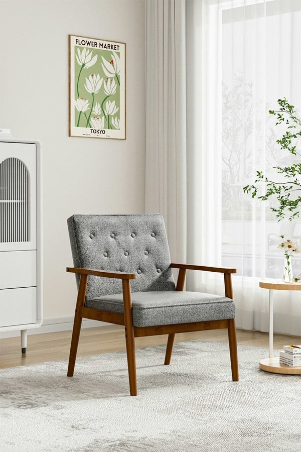 Living and Home Grey Modern Wood Frame Linen Upholstered Lounge Chair