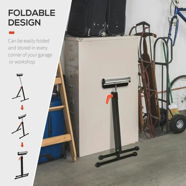 Foldable black roller stand shown upright with roller bar and stable tripod base