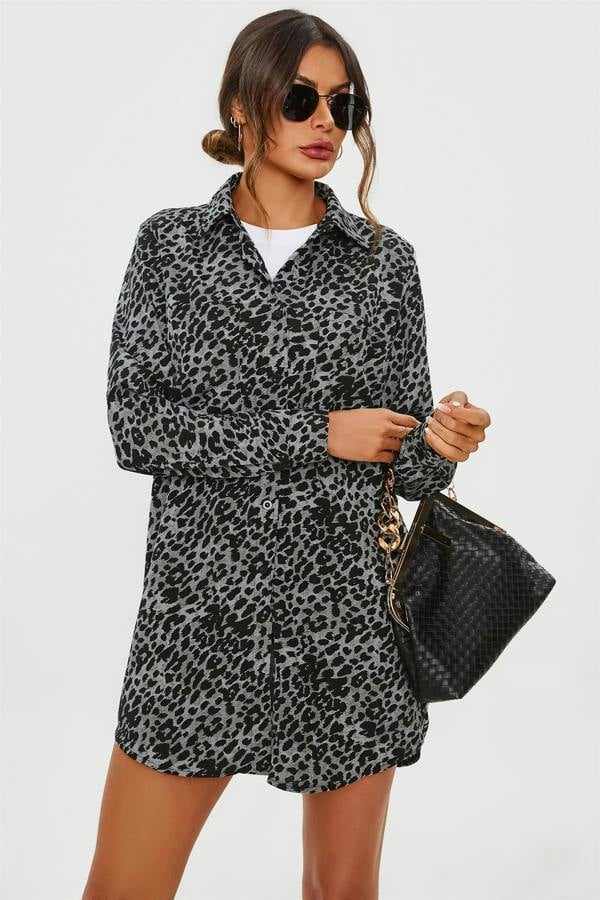 FS Collection Leopard Print Tunic Shirt In Grey Blue