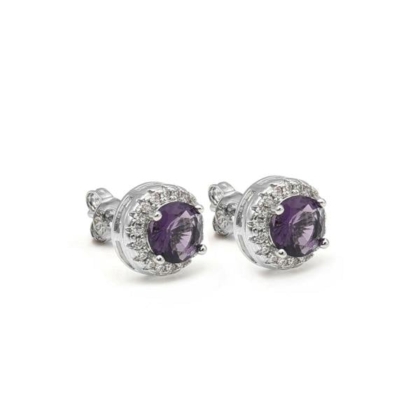 Say It With Purple Round Stone Halo Earrings - Silver