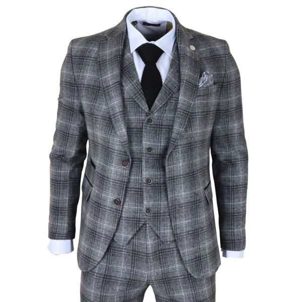 Infinity Leather Men's Formal Grey Tweed  3 Piece Check Vintage Gatsby Style Suit