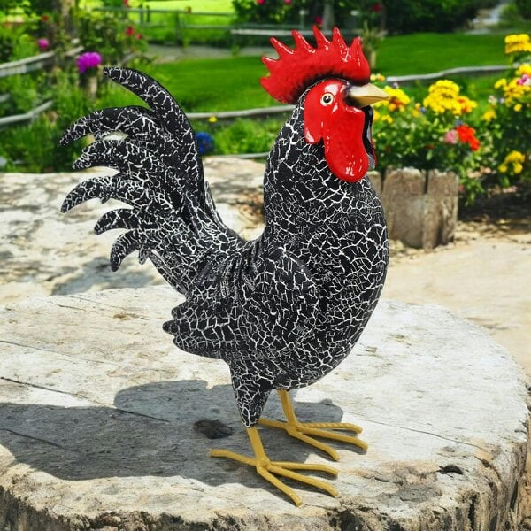 EDH Door Hardware Large Metal Black Cockerel (44cm x 16cm x 36cm) – Handcrafted Rustic Rooster Garden Ornament Farmyard Statue
