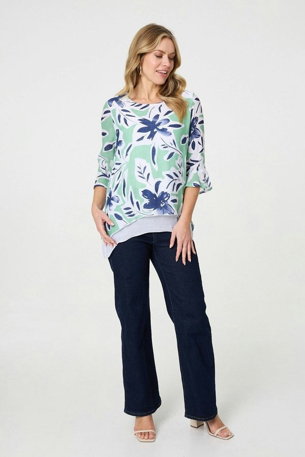 Green | Floral Print Layered Relaxed Tunic Top : Model is 5'10"/178 cm and wears UK8/EU36/US4/AUS8  
