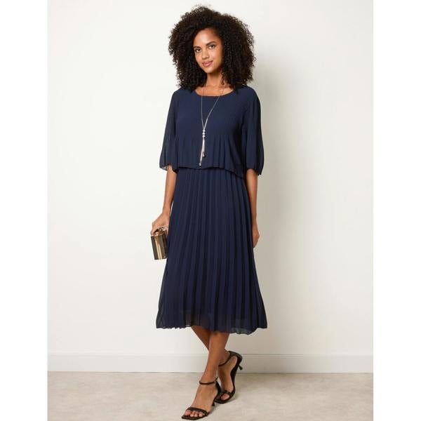Blue Vanilla Pleated Short Sleeve Dress with Necklace