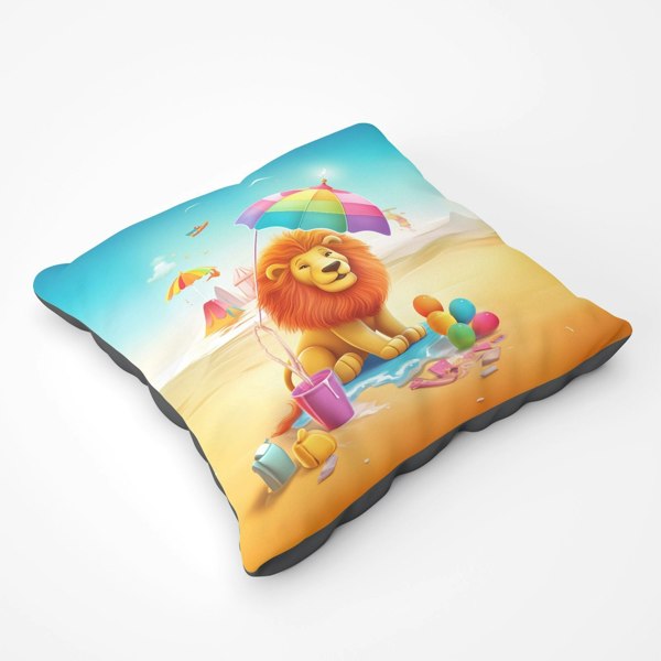 Warren Reed Lion On A Beach Holiday Floor Cushion