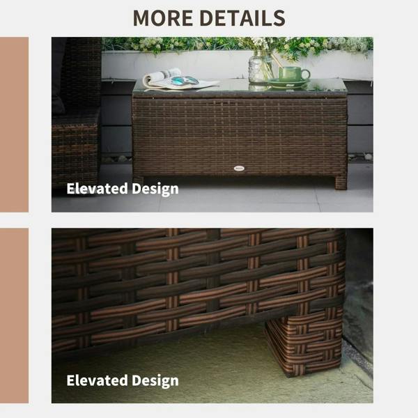 Brown PE rattan coffee table with raised design for airflow beneath.