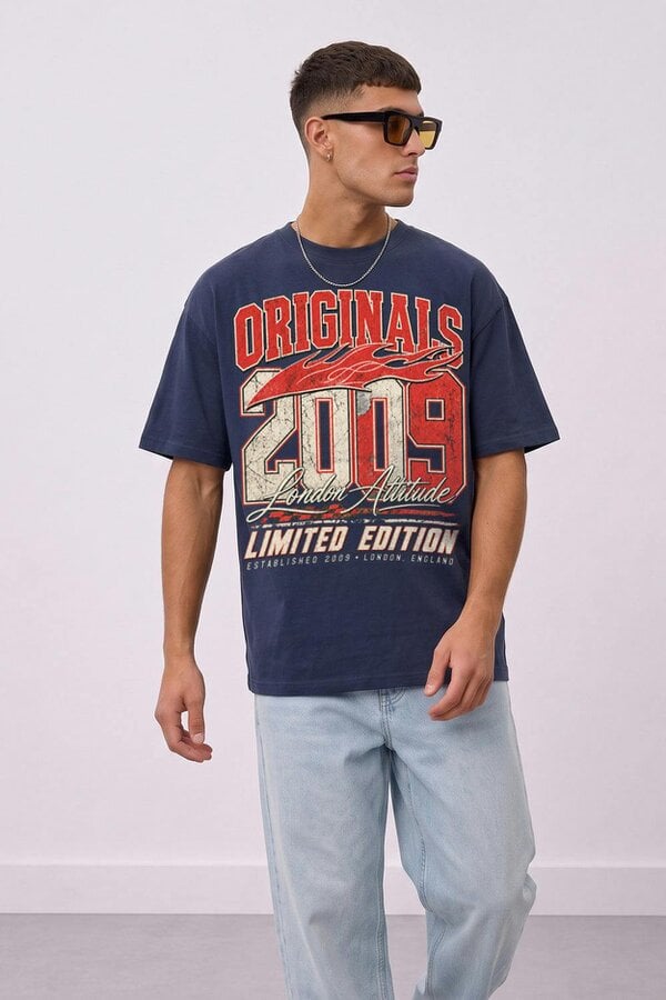 London Attitude Originals 2009 Oversized Heavyweight Graphic T-Shirt - Blue Dusk
