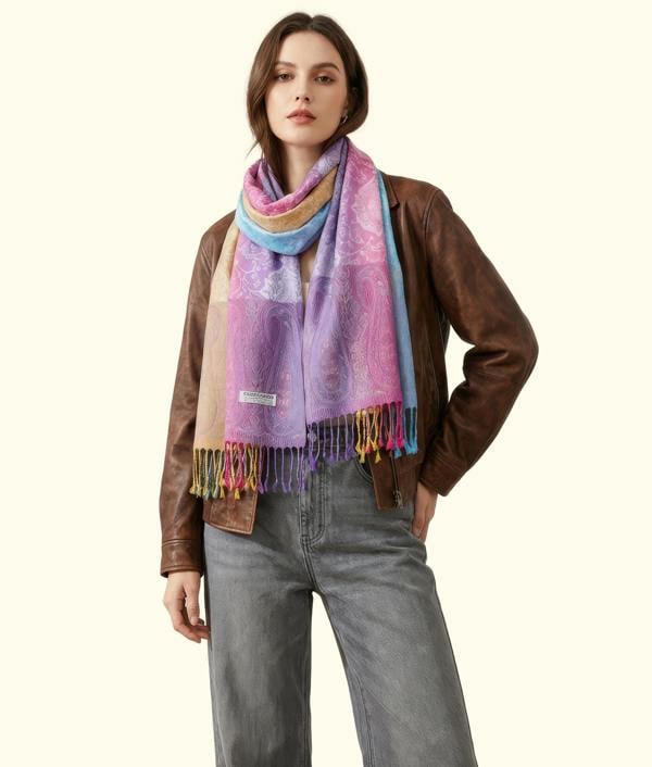 VIA MONTEN Women’s Gradient Pashmina Style Scarf, Oversized Jacquard Shawl Wrap with Fringe and Paisley Pattern