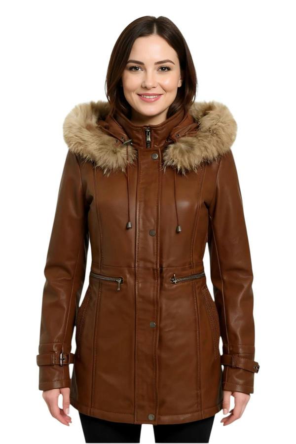 Infinity Leather Womens Leather Hooded Parka Jacket-Putian