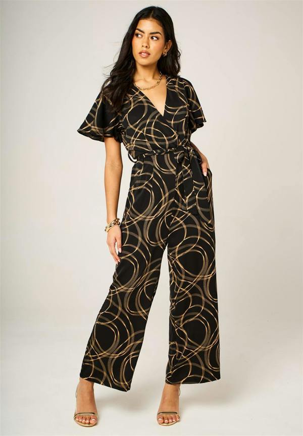 FS Collection Abstract Line Print Wrap Top Jumpsuit In Black