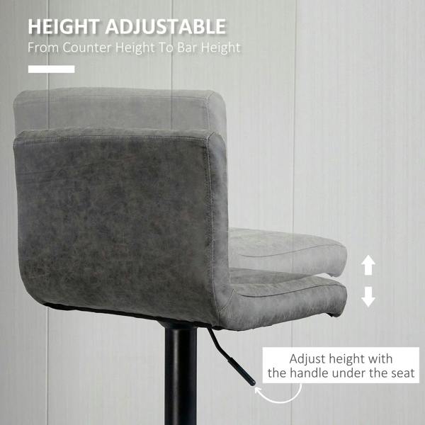 Grey height-adjustable swivel barstool with handle under seat and black gas-lift base