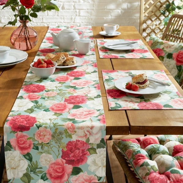 RHS Rose Garden Shower Proof Outdoor Cotton Dining Table Runner