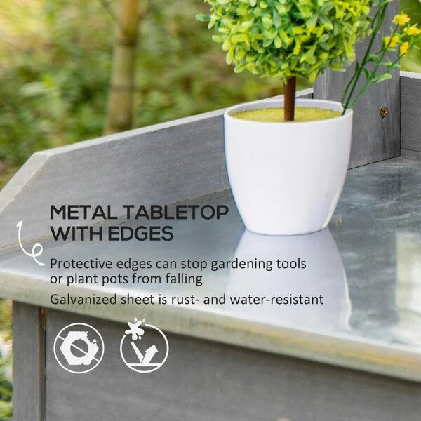 Garden Potting Table with Storage, Workbench, Metal Top, Storage Shelves & Hooks for Patio, Courtyard, Wooden