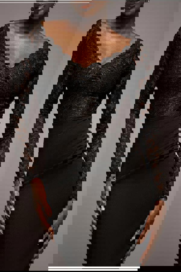 Scalloped Lace Bodice Long Sleeve Bardot Maxi Dress - Black DR4678