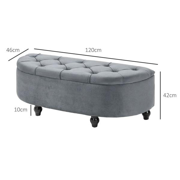 Dark grey half-circle storage ottoman with tufted seat; 120cm wide, 42cm high