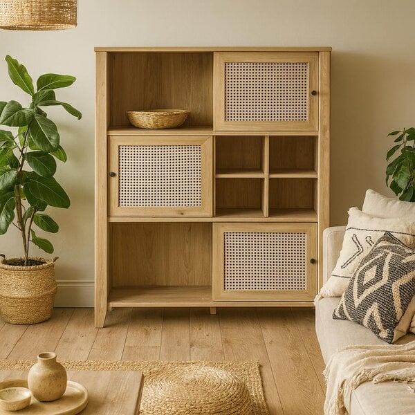 Wyld Haus Monza Natural Oak Wood and Rattan 3 Sliding Door Cabinet