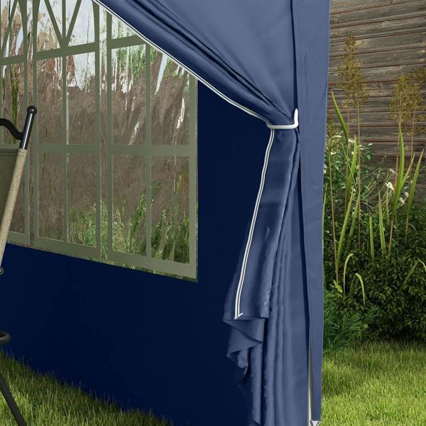 Blue gazebo sidewall curtain with stitched zipper edge and window panel