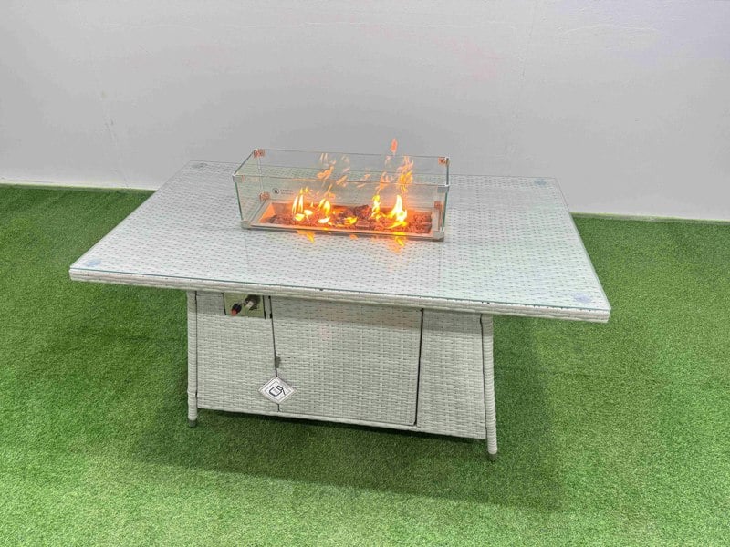 Fimous Rattan Corner Sofa Chair Set Outdoor Furniture Garden Dining Sets Gas Fire Pit Table with Temper Glass 3 Footstools Light Grey Mixed