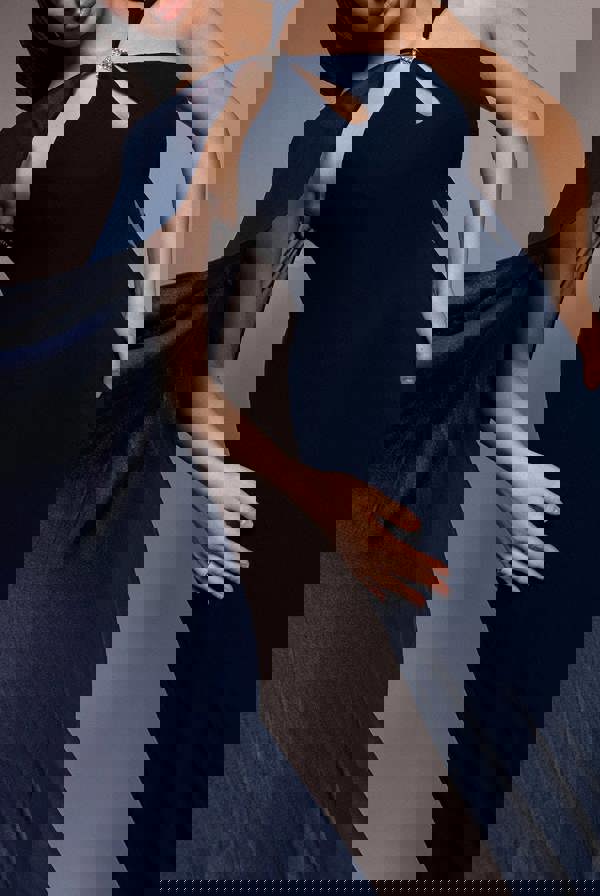 Multiway Cape Chiffon With Embellished Trim Maxi Dress - Navy Blue DR4924