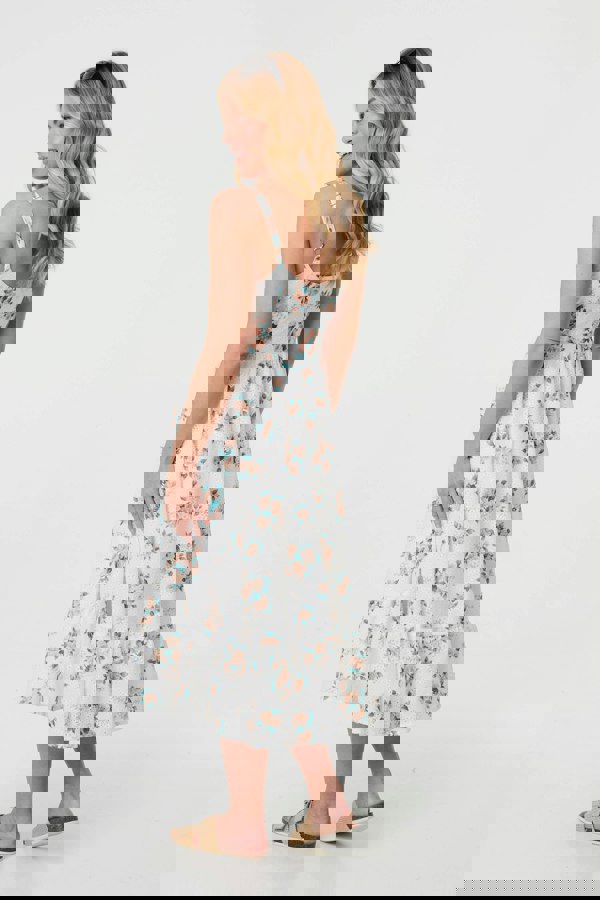 White | Floral A-Line Cami Strap Midi Dress
