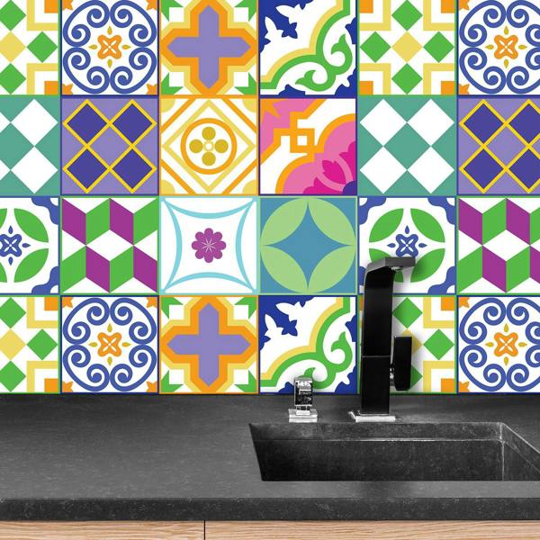 WALPLUS WT1533 - Classic Spanish Colourful Mixed Tiles Wall Stickers Set 1 - 15 x 15 cm (6 x 6 inches) - 24 pcs.