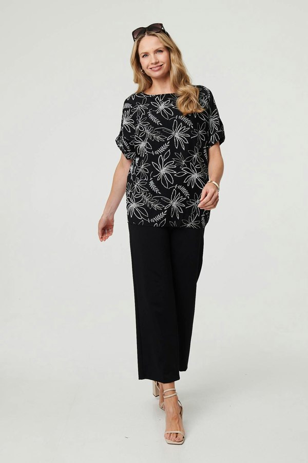 Black | Floral Relaxed Short Sleeve Top
