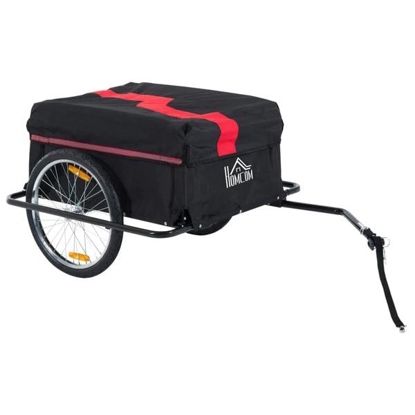 Two-wheel bicycle cargo trailer with black oxford cover and red stripe, folding frame