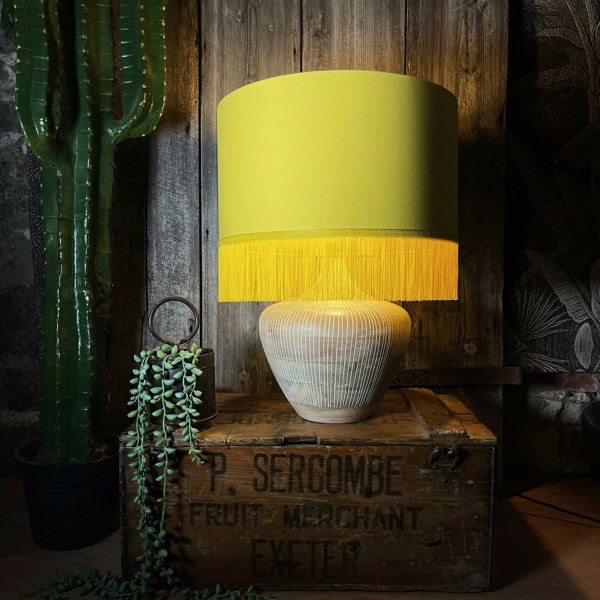 Love Frankie banana cotton lampshade copper lining and fringing lamp