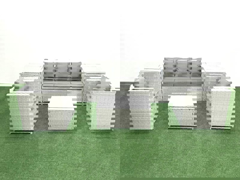 Fimous Rattan Garden Furniture Set with 3 Seater Sofa 2 Chair Rectangular Coffee Table 2 Side Tables Light Grey Mixed 5 Seater