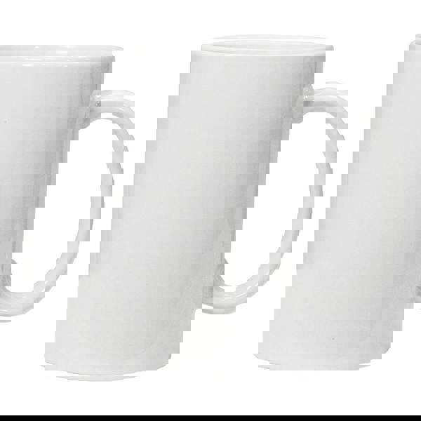 Glossy white ceramic mug with a C-shaped handle and smooth finish.