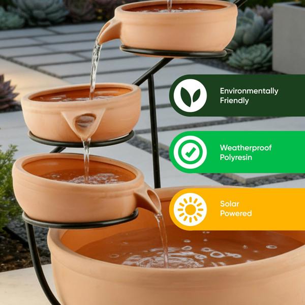 Gardenwize Solar Powered Cascading Terracotta Water Feature – 4 Tier Garden Fountain with Battery Backup