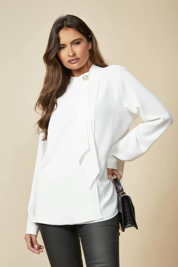 Hoxton Gal Oversized High Neck Top with Brooch Details in White