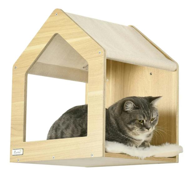 Beige wooden cat house with open front and small roof panel, wall-mounted style