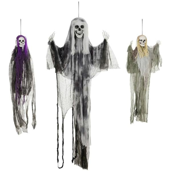 Set of 3 hanging skeleton Halloween decorations: purple, grey, and green ghost figures