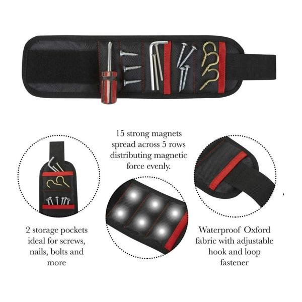 Top 3 Magnetic Wristband Tool Holder with 15 Magnets and Storage Pockets Black