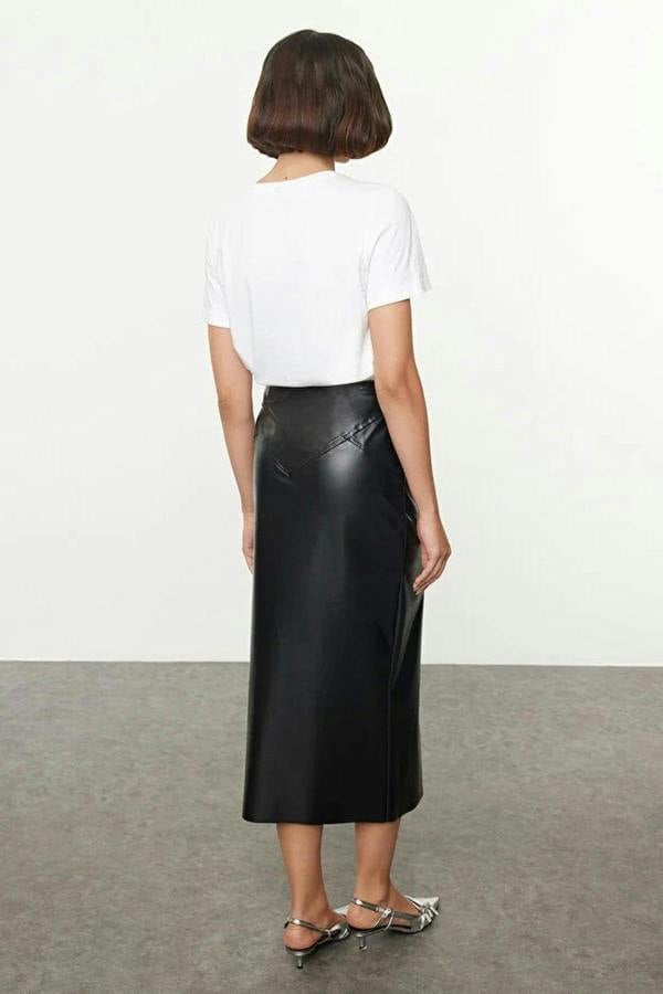WOVCOR Midi Shiny Faux Leather Woven Skirt with Zipper Detail