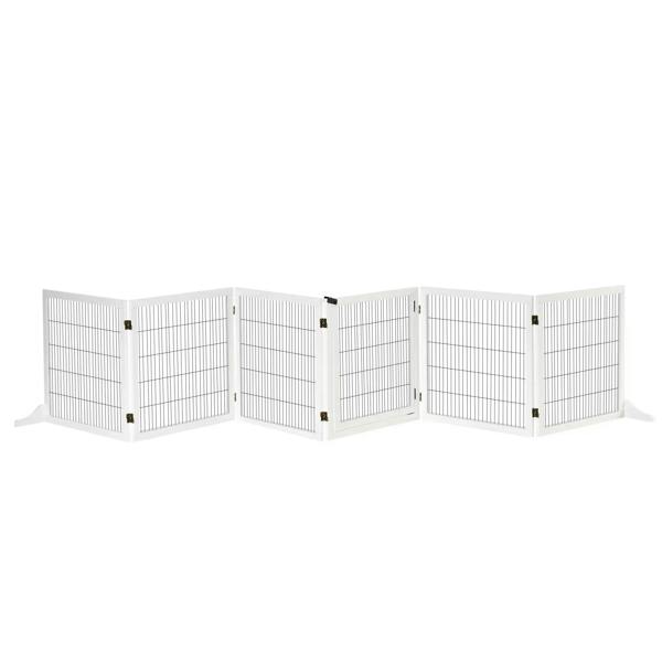 White freestanding pet gate with black wire mesh and folding panels