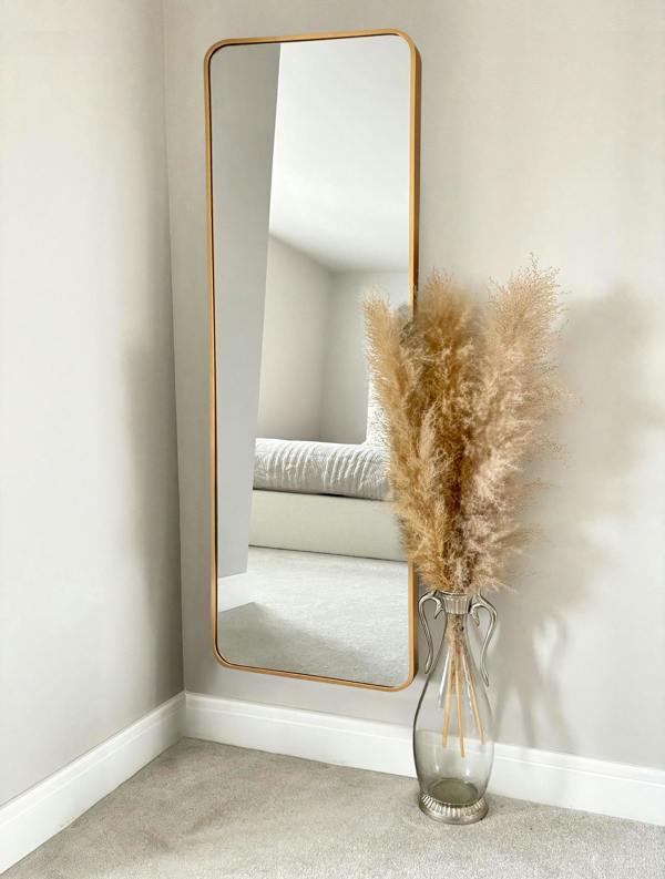 Downton Interiors Stunning Gold Rectangular Metal Frame Wall or Floor Standing Dressing Mirror 145cm x 45cm - Soho Collection