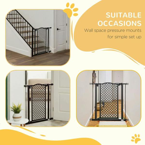 Black pet safety gate wall-mounted at doorway and top of stairs