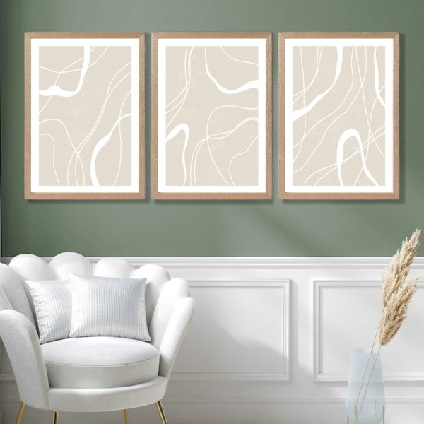 Set of 3 Abstract Neutral Beige Framed Art Prints with Oak Frames