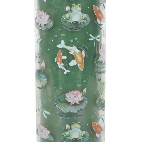Green glass tube candle with koi, lotus, and lily pad design