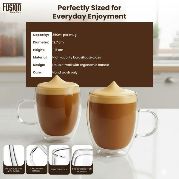 Fusion Food Care Double Walled Coffee Glasses Mugs Pack of 2 Cappuccino Latte Macchiato Glasses Cups