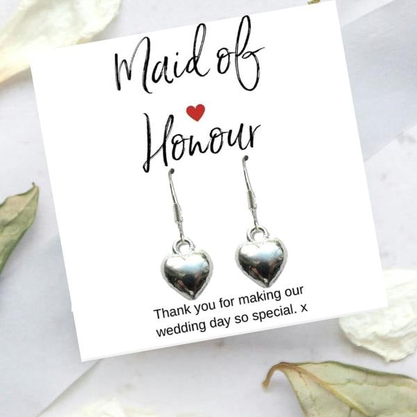 Aye Do Gifts Maid of Honour Heart Earrings & Thank You Gift Card