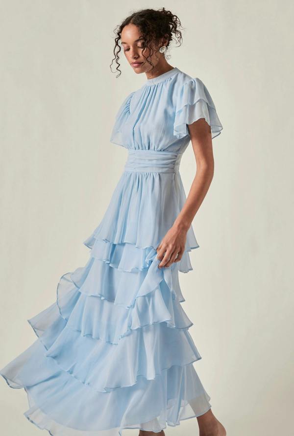 Model wearing Pale Blue Tiered Ruffle Maxi Dress – side view