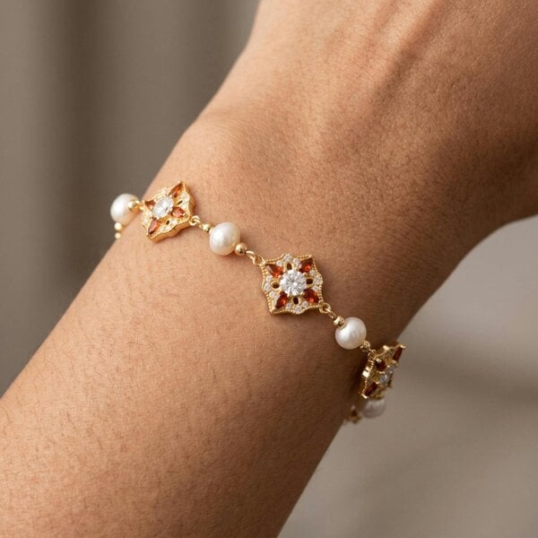 Uchi & Soto Kinmokusei Solid 925 Silver with 18K Gold Vermeil and Pearl Bracelet